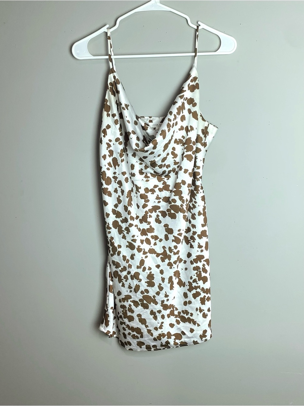 12th Tribe White and Brown Spotted Cowl Neck Slip Mini Dress